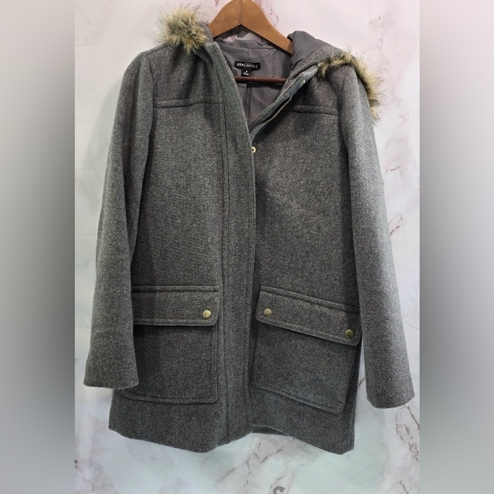 J. Crew Gray Pea Coat with Faux Fur Trim